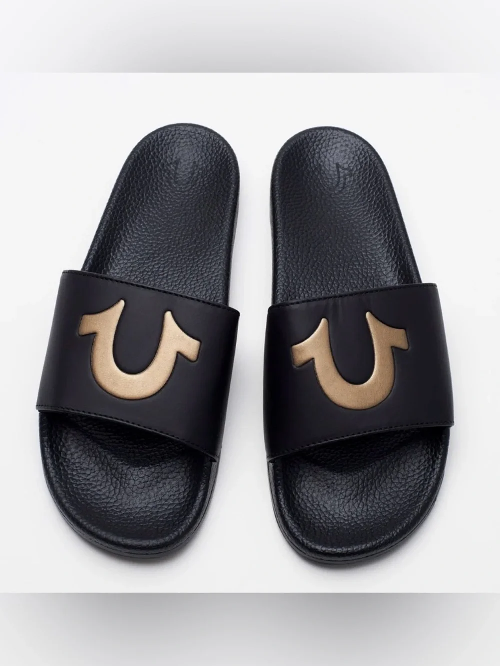 True Religion Black Slide Sandals Size 43 Gold Horseshoe Logo